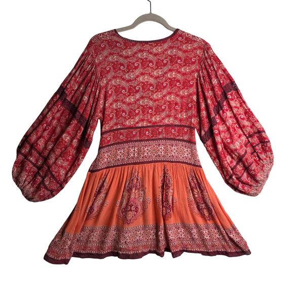 Free People XS Luna Scarf Lacey Print Exaggerated BellSleeve Boho Red Mini Dress - Picture 2 of 16